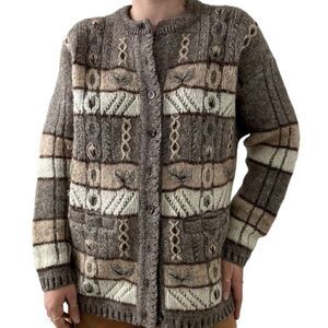 Vintage Oster Austrian Wool Mohair Brown Floral Embroidered Cardigan Sweater